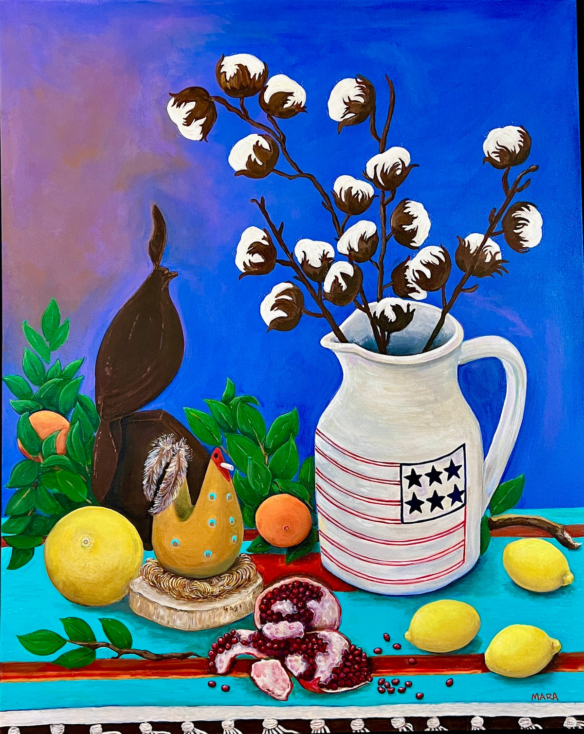 Arizona, Collected original acrylic painting by Mara Carney featuring cotton, citrus, pomegranates and Southwestern cultural objects